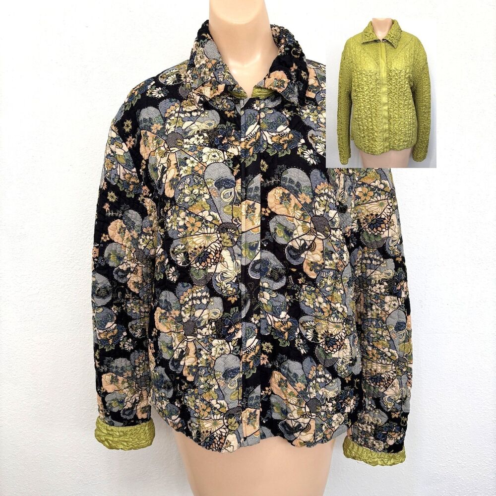 UBU Womens Reversible Crinkle Jacket Large Artsy Handmade Quilted Dark Floral